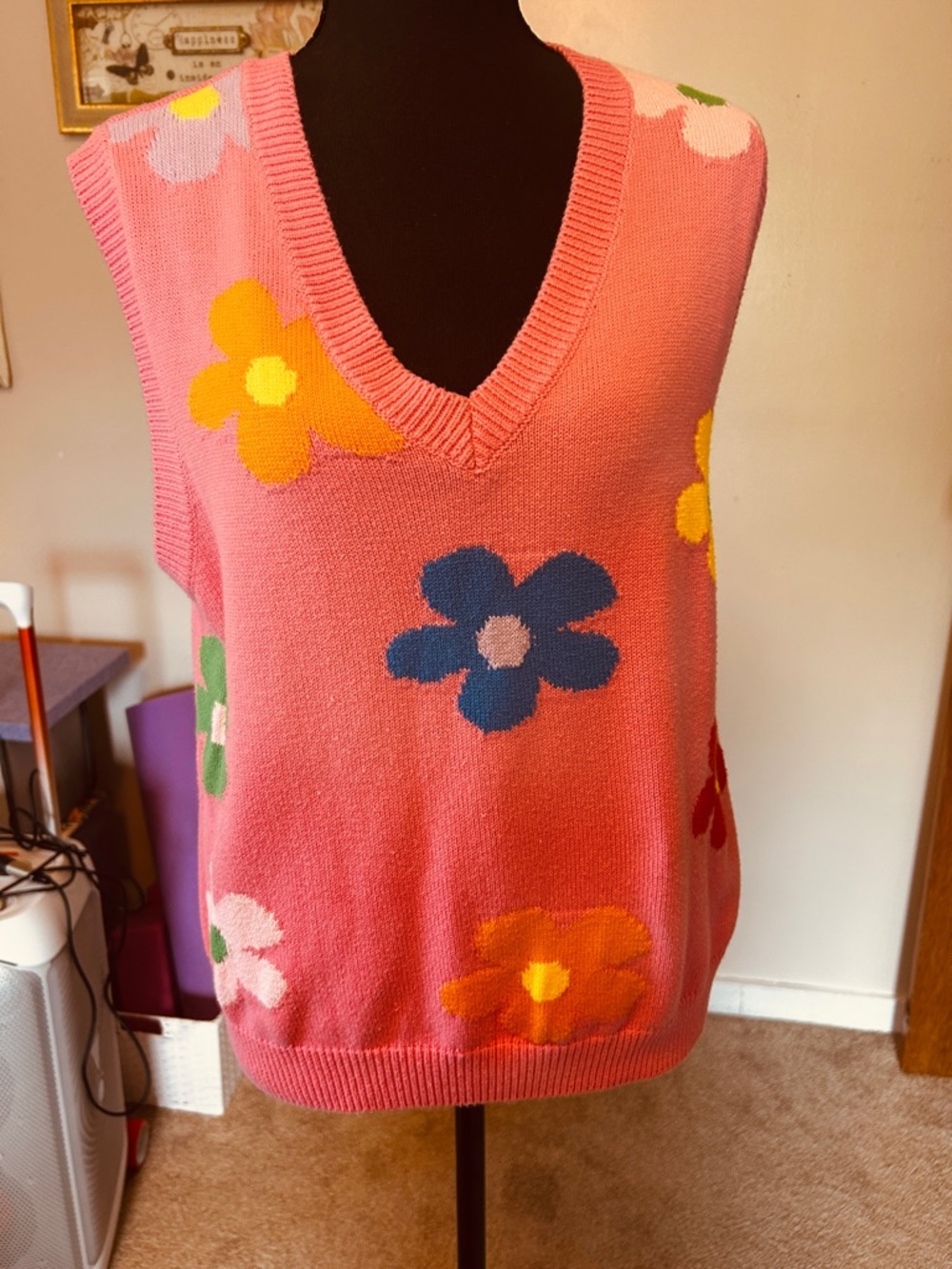 bp Pink Floral V-Neck Sweater Vest with Multicolor Flowers